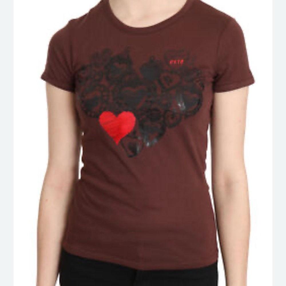 EXTE Blouse Brown Hearts Printed Round Neck T-shirt Top IT42 / US8 / M RRP $200